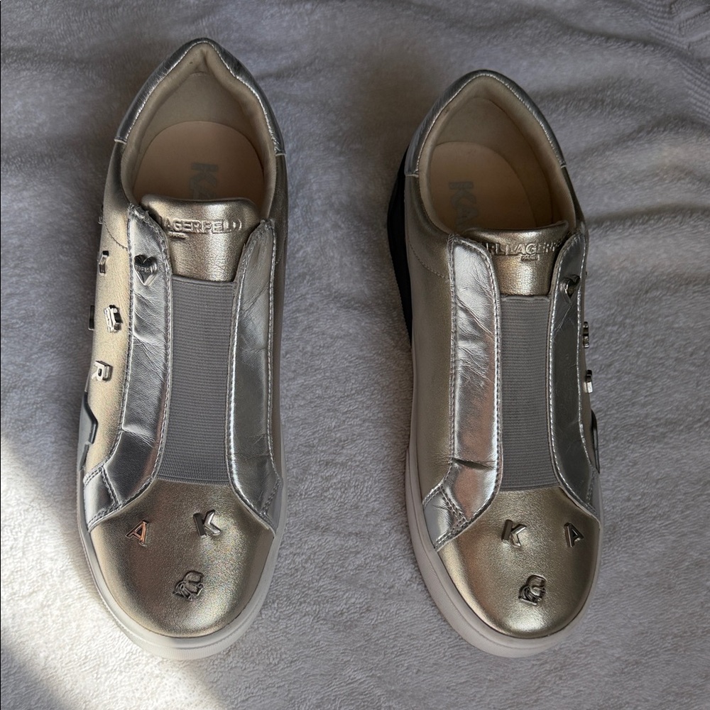 Karl Lagerfeld Silver Metallic Slip-On Sneakers with Embellished Lettering
